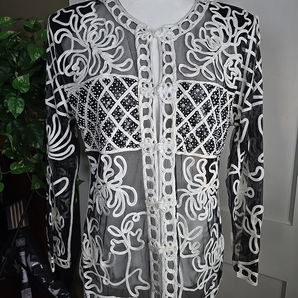 Celsa Womens Black White Embroidered Soutache Button Blouse Jacket Size Large